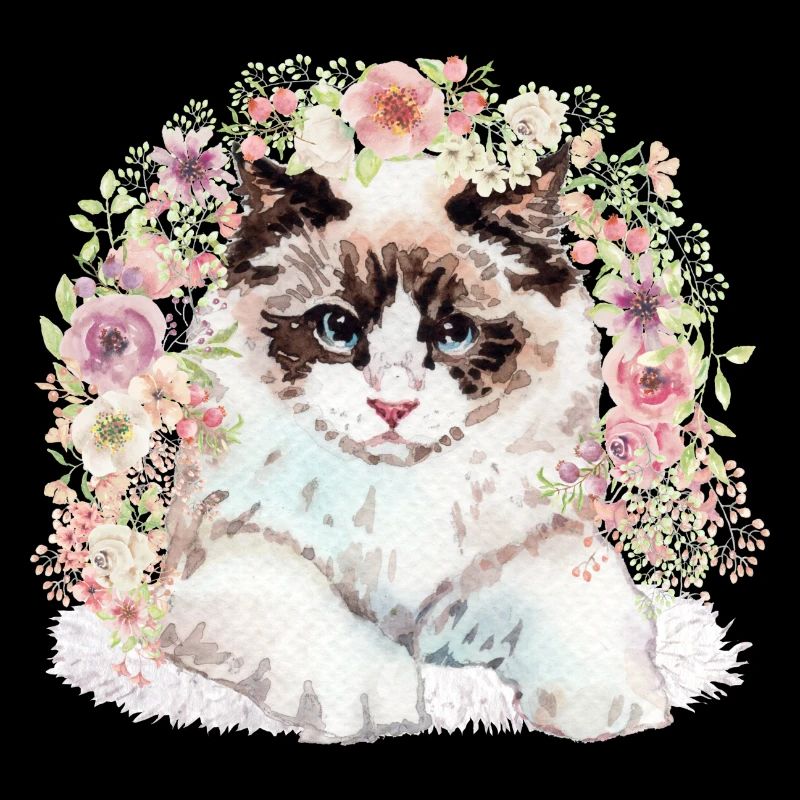 Ragdoll Katze mit Blumen - Aquarell