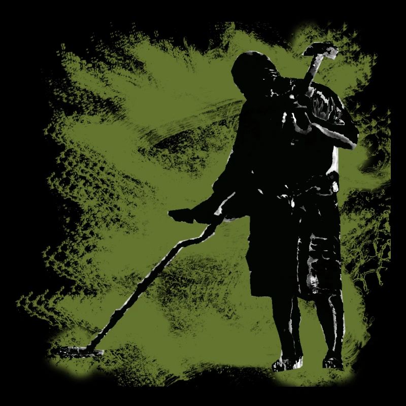 A treasure hunter with the metal detector and spade