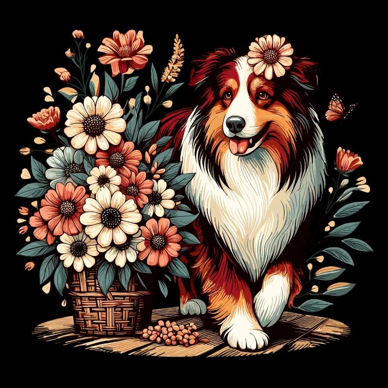 Australian Shepherd Cottage Core Blumen red tri
