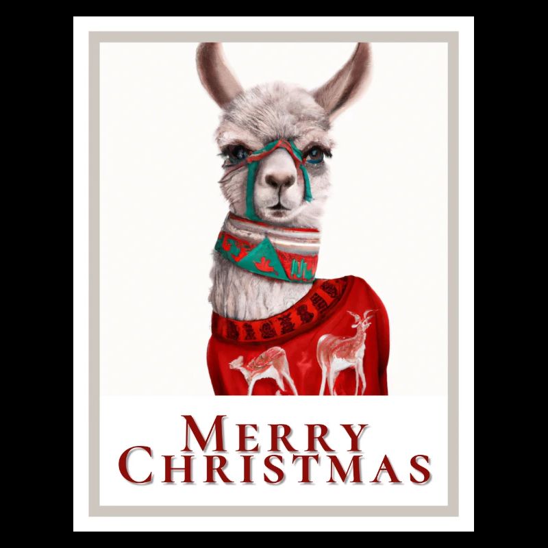 Foto eines süßen Lamas in einem Weihnachtspullover.