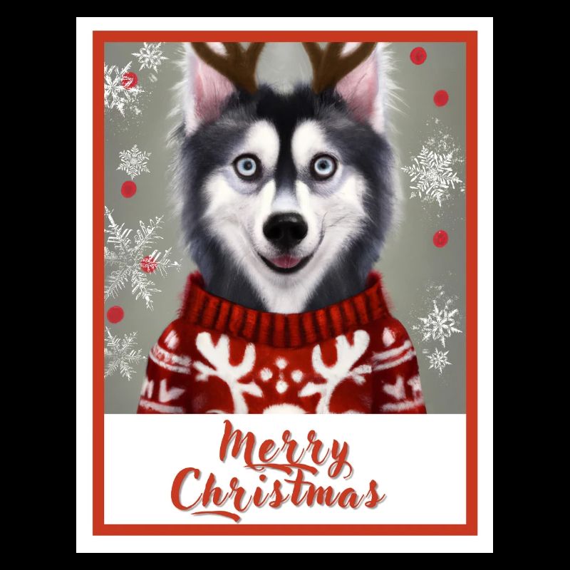 Chien husky dans un pull de renne de Noël.