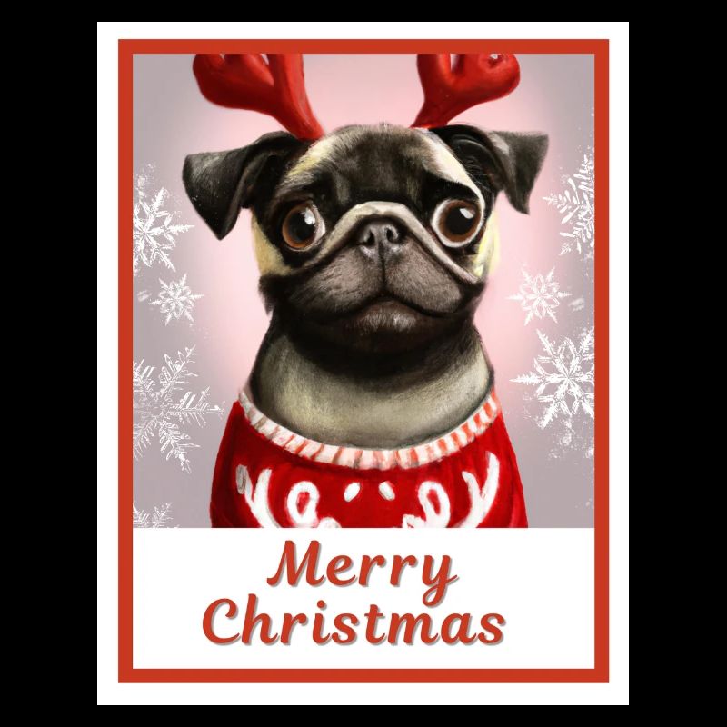 Bébé carlin dans un pull de Noël et des cornes de renne