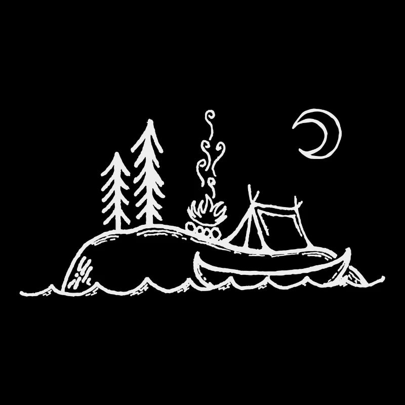 Île, feu de camp, camping et canoë
