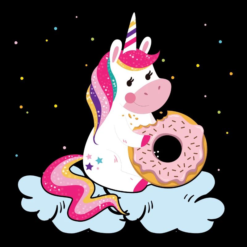 Little unicorn gleefully eats a donut