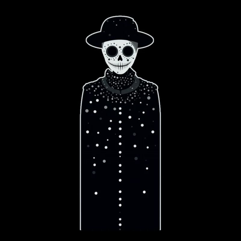 A smiling white skeleton wearing a hat and long