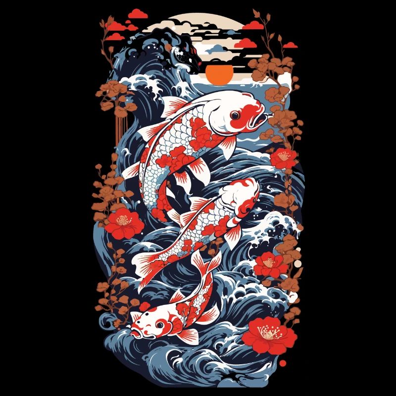 Koi Carp with Water Flowers Ukiyo-E Art Style