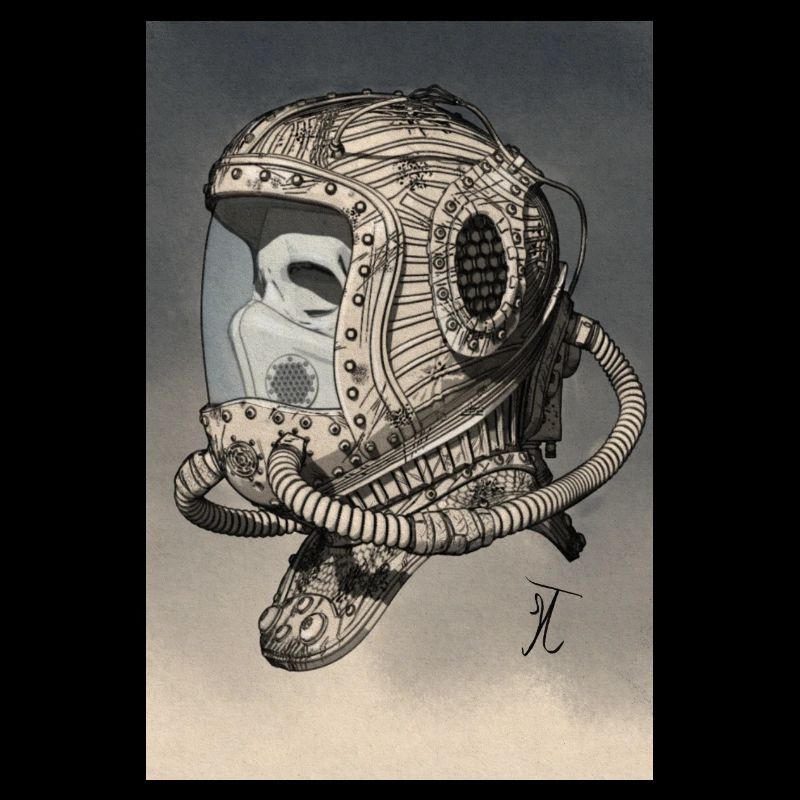 Casque spatial ancien monochrome
