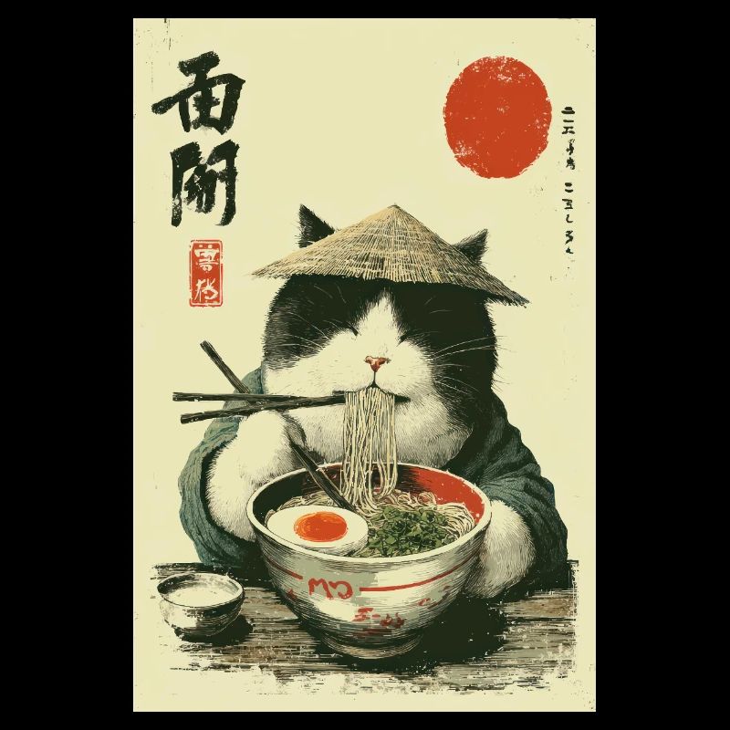 Samurai Cat Enjoying Ramen