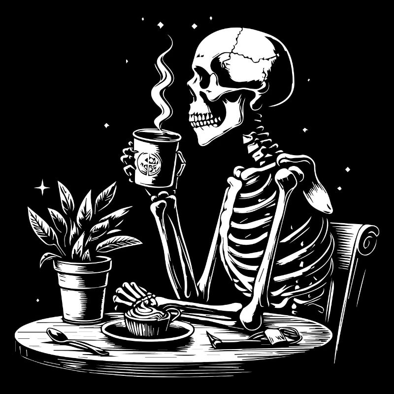 Skeleton drinking black coffee