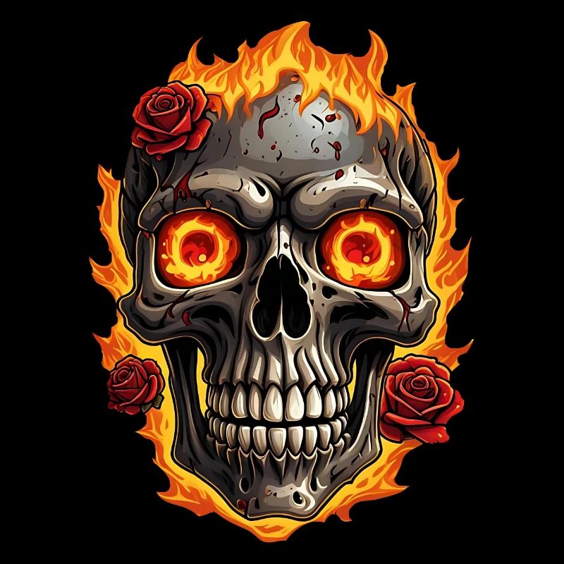 Crâne avec du feu et des roses rouges Crâne ardent