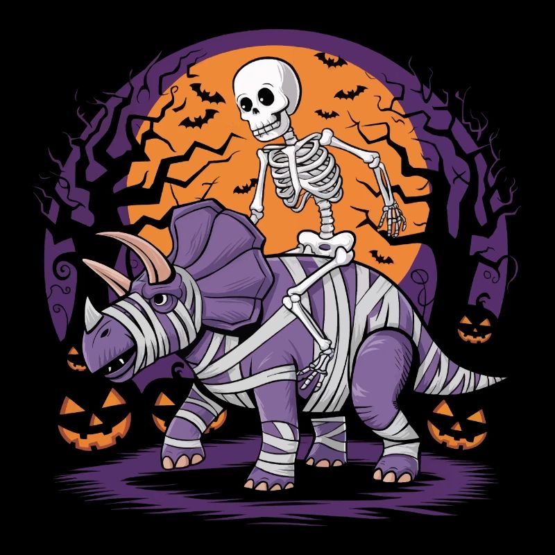 Skeleton riding a dinosaur on Halloween