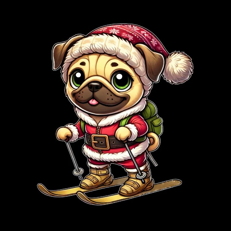Pug on skis winter fun Christmas