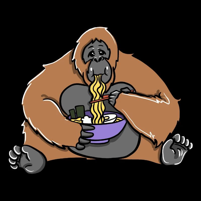 Süßer Orang-Utan isst Ramen Suppe
