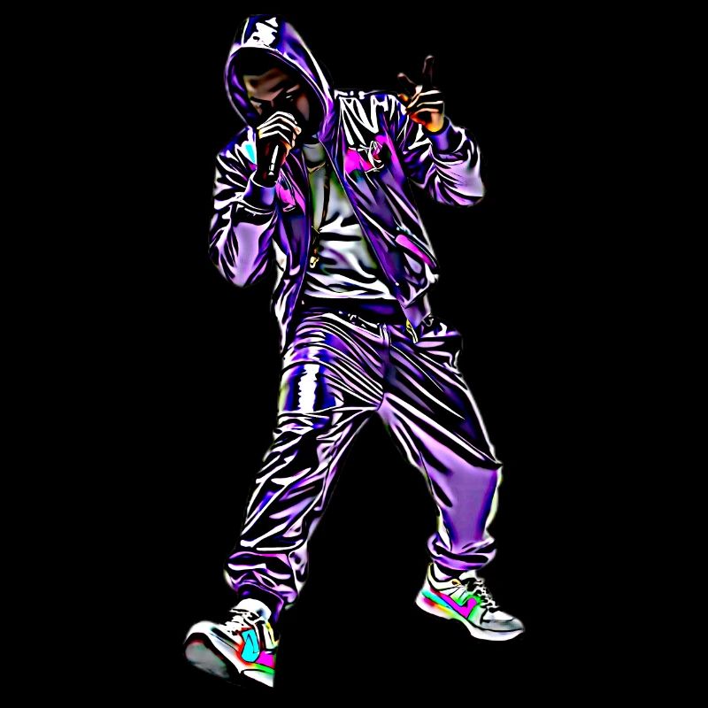 Rapper mit einem mutigen Stil in lila Satin-Jogginghose