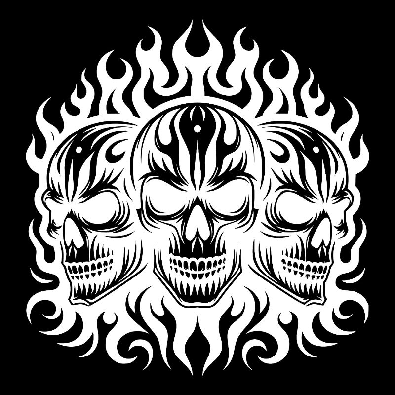 Three Grinning Skull Flames Tattoo Tribal Style