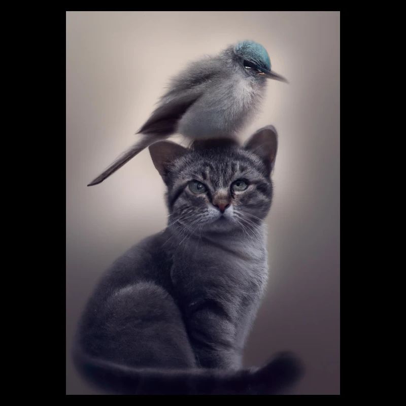 Vogel sitzt auf Katze