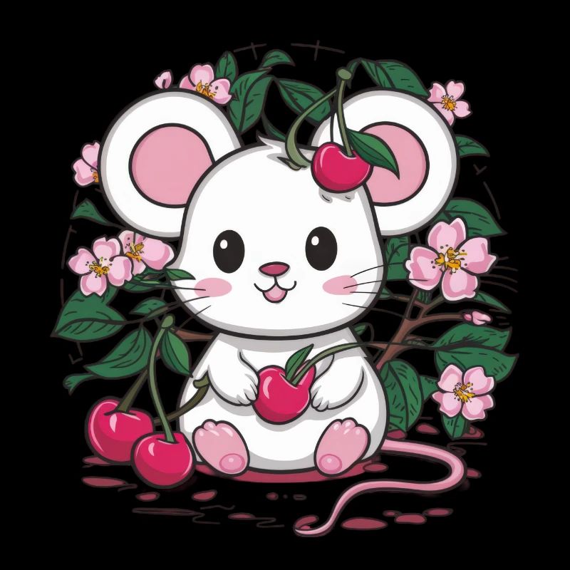 Mouse with cherries and sakura cherry blossoms