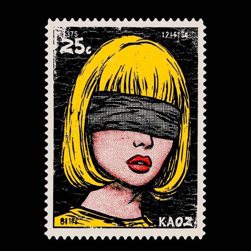 Frau mit Augenbinde im Pop-Art Briefmarke