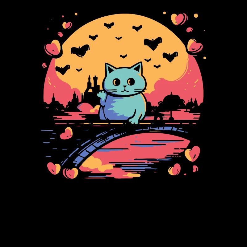 On the bridge is a cute waving cat.