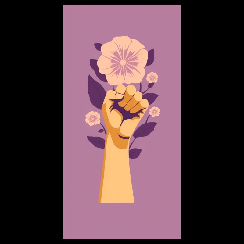 Feministische Faust mit lila Blume.