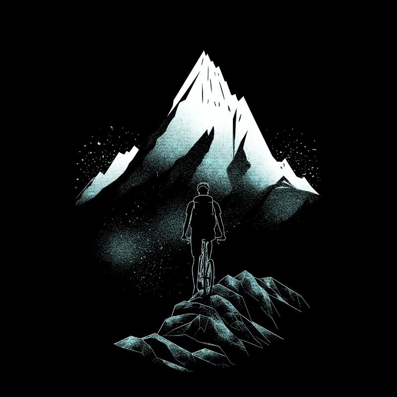 Mountain biker rides through the mountains - blue white