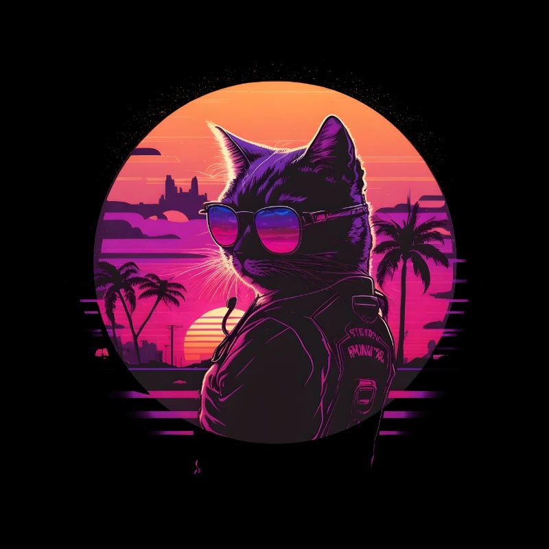 Synthwave cat sunset