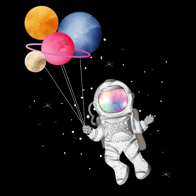 Astronaut mit bunten Planeten als Luftballons