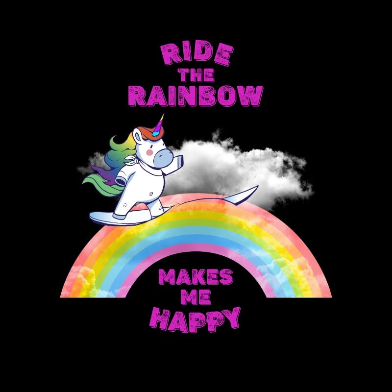 Einhorn surft auf einem Regenbogen.