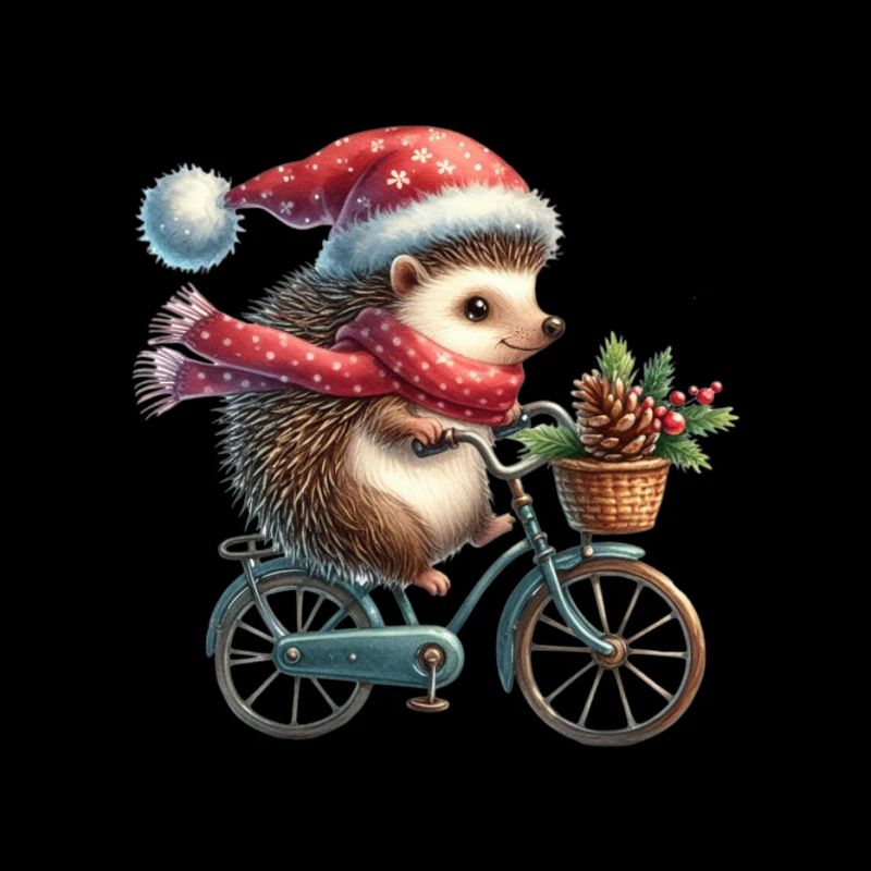 Cute hedgehog with santa hat on bicycle