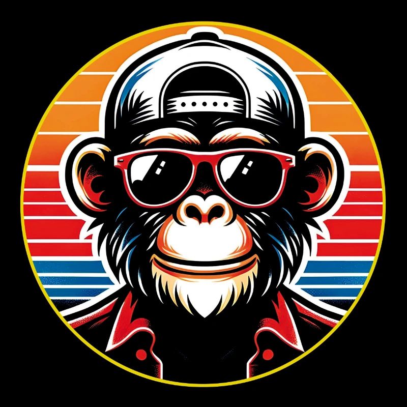 Cool chimpanzee with sunglasses and baseball cap