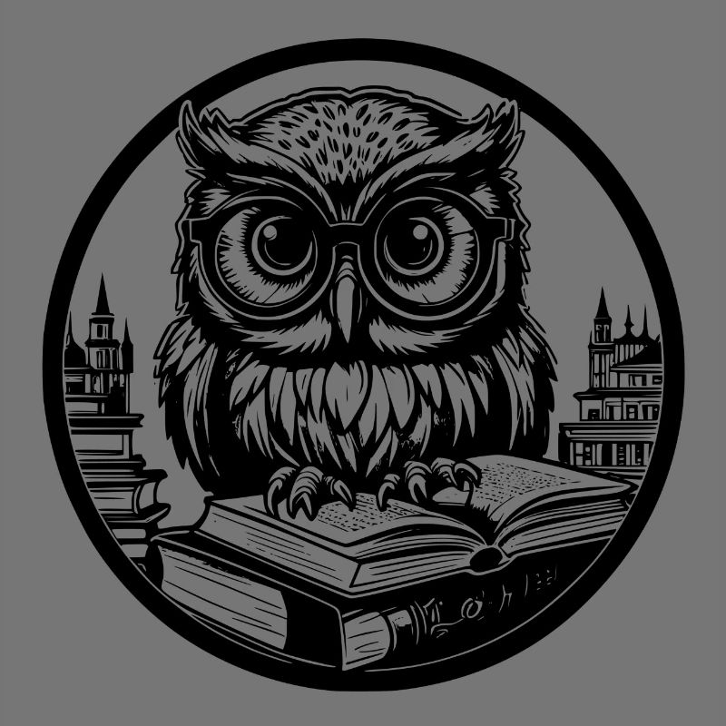 Little funny owl with glasses sitting on book