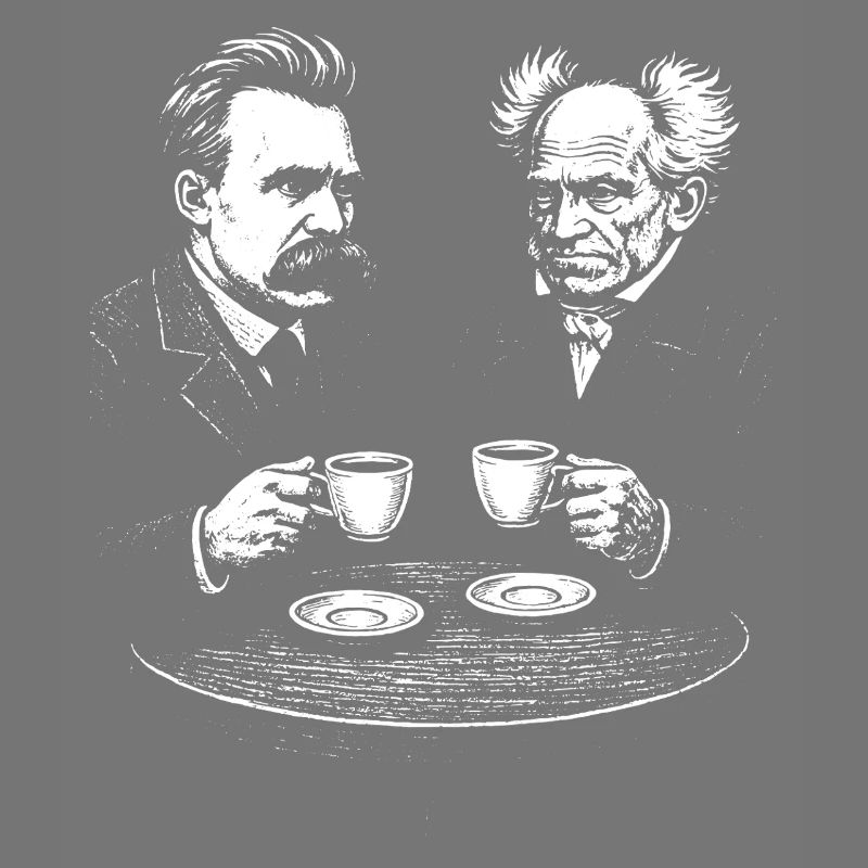 Nietzsche and Schopenhauer drinking coffee