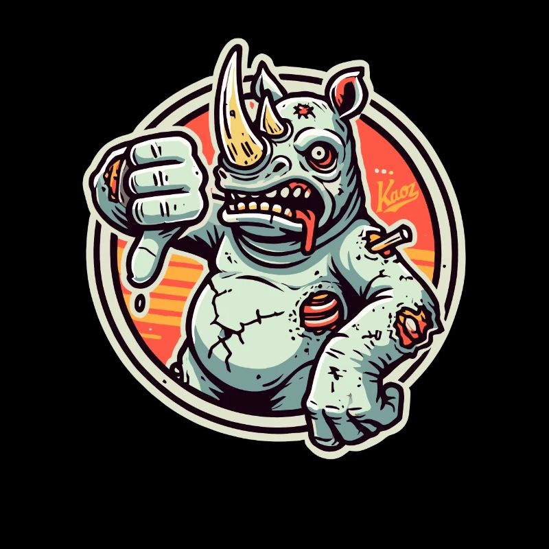 Rhinocéros zombie insatisfait et pouce vers le bas