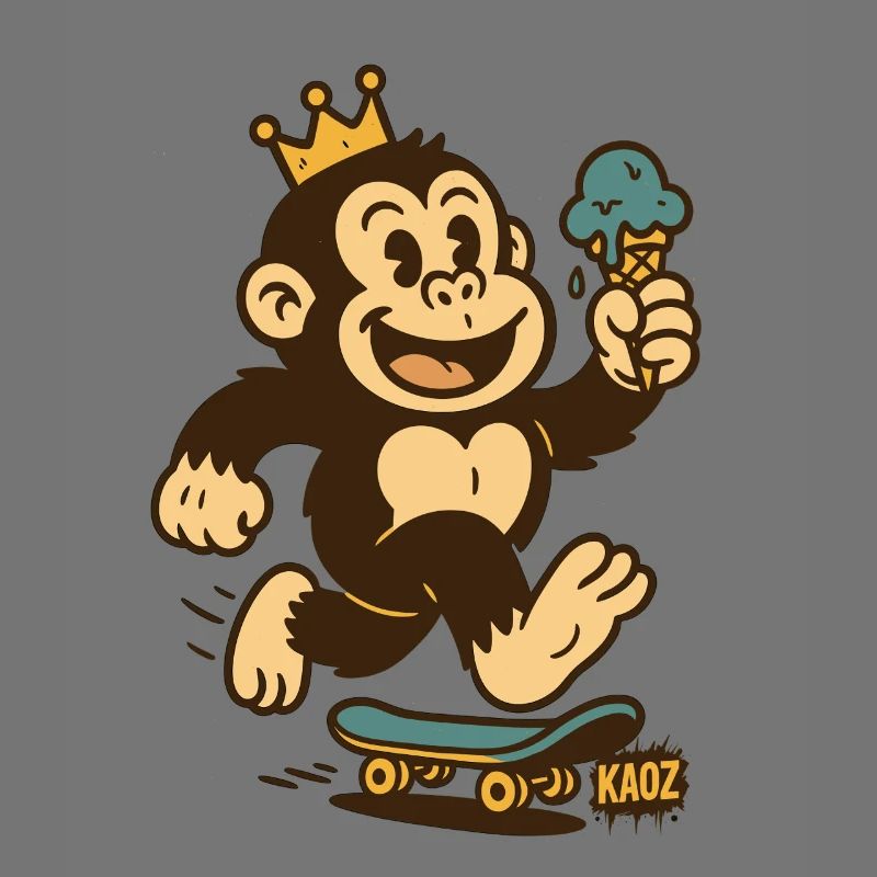 Affenkönig auf Skateboard mit Eis & Krone