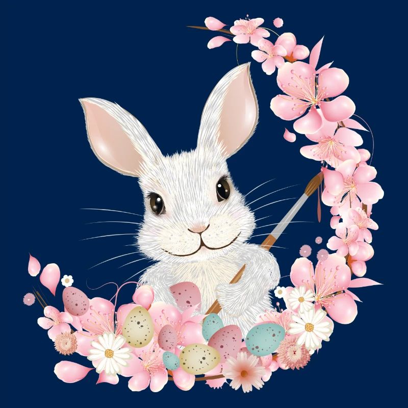 white easter bunny with flowers and brush for easter