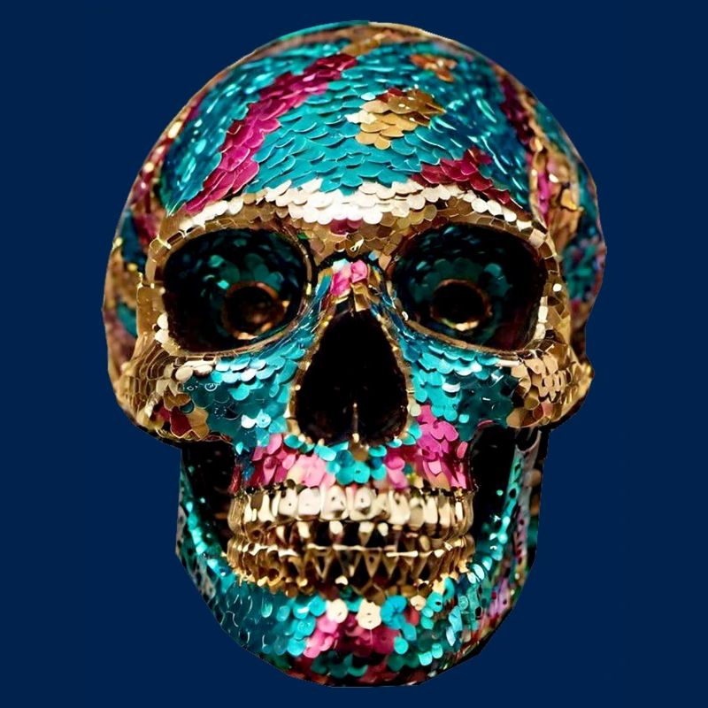 Skull, metallic, sequins, rivets, gold, silver
