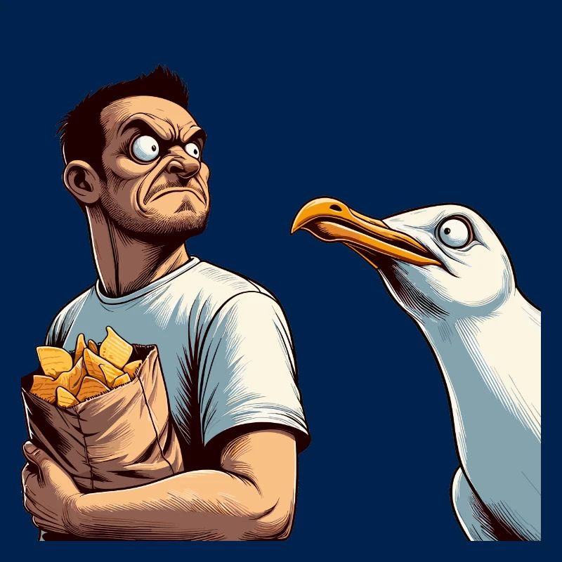 Duell Mann mit Chips gegen Möwe