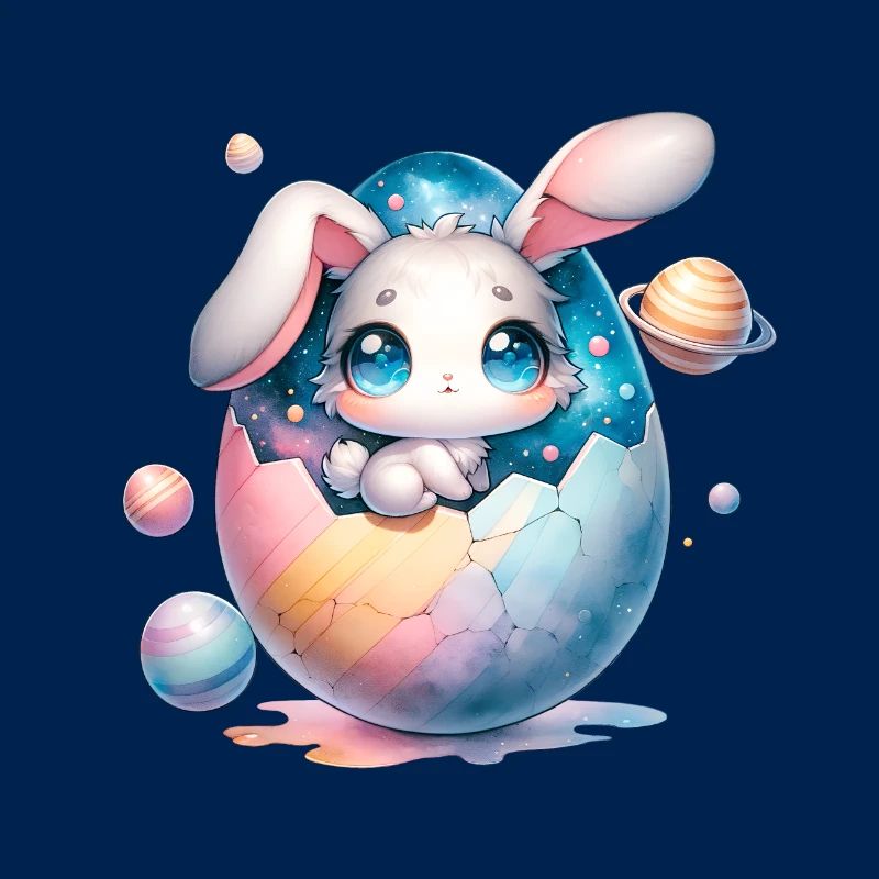 Chibi Space Bunny assis dans un œuf de Pâques fêlé