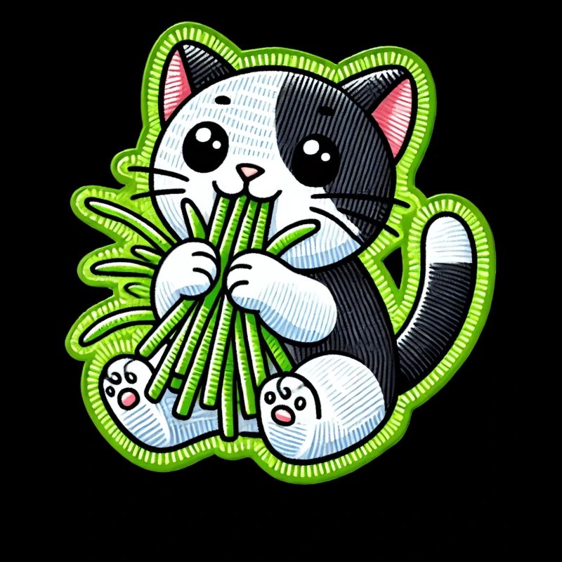 Mignon chat noir et blanc mangeant de l’herbe verte