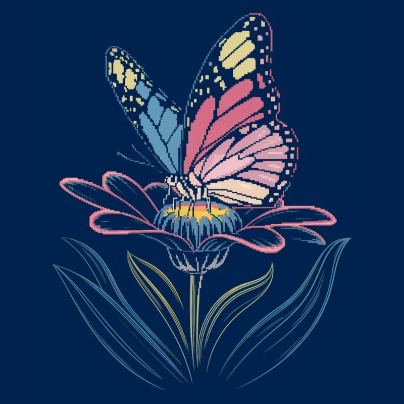 Papillon vibrant sur la conception de la fleur