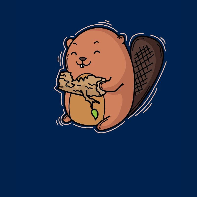 Beaver eats a tree trunk