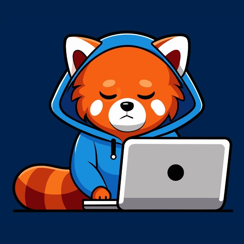 Mignon hacker panda roux en sweat à capuche devant PC