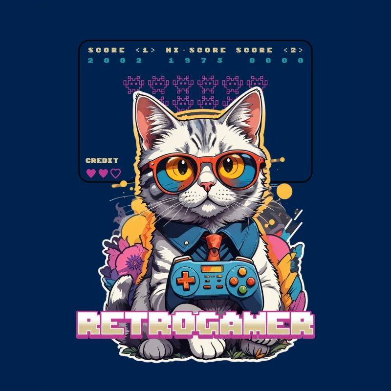 Retro Gaming Katze: Retrogamer mit Controller