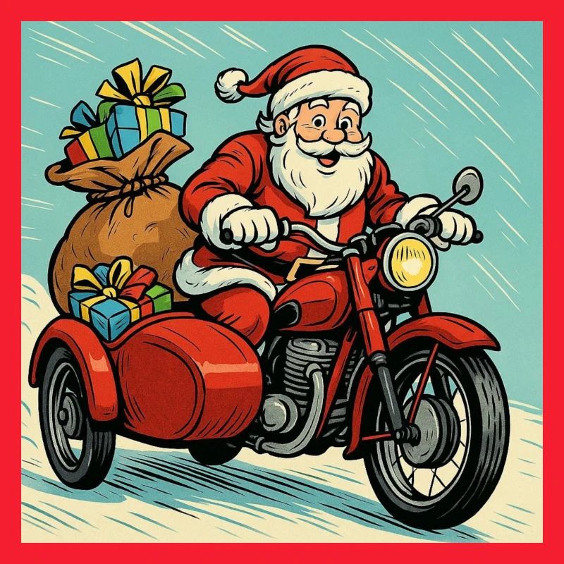 Weihnachtsmann auf einem Motorrad mit Seitenwagen – Comic-Stil