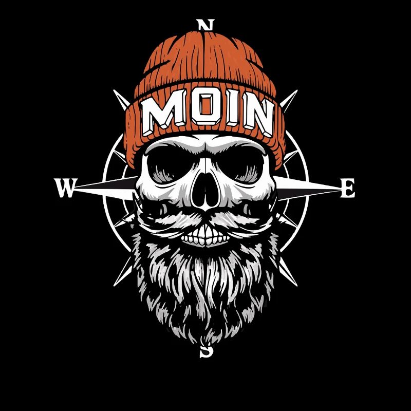 North German Biker Skull with Beard & Wind Rose Moin