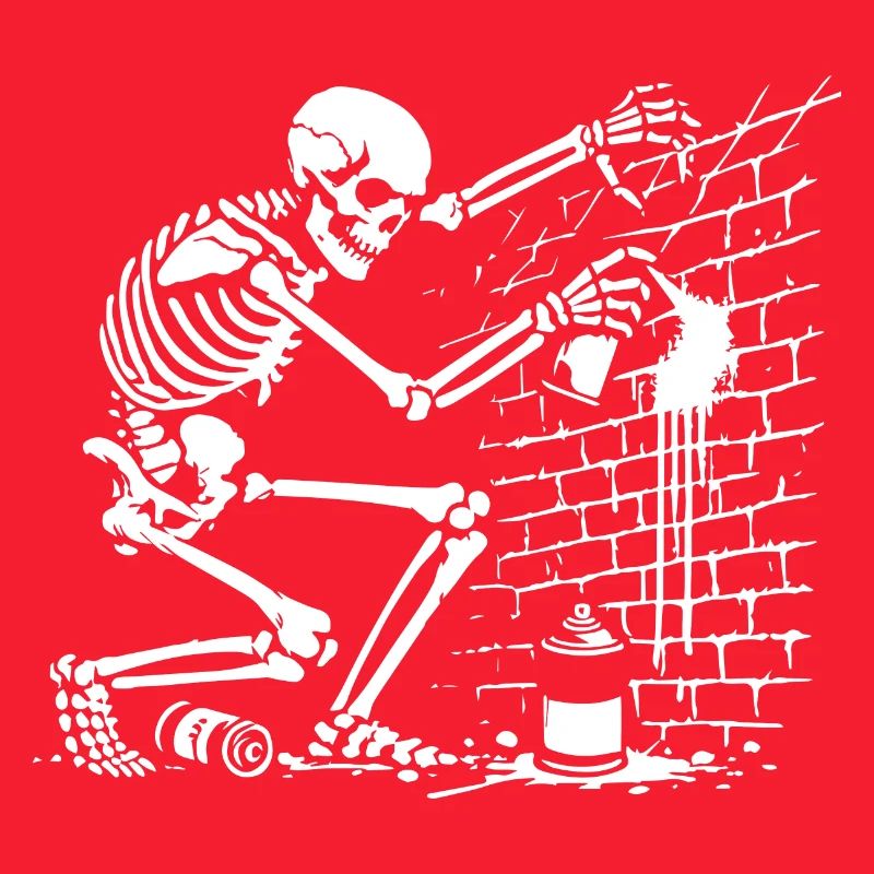 skeleton drawing a graffiti on the wall