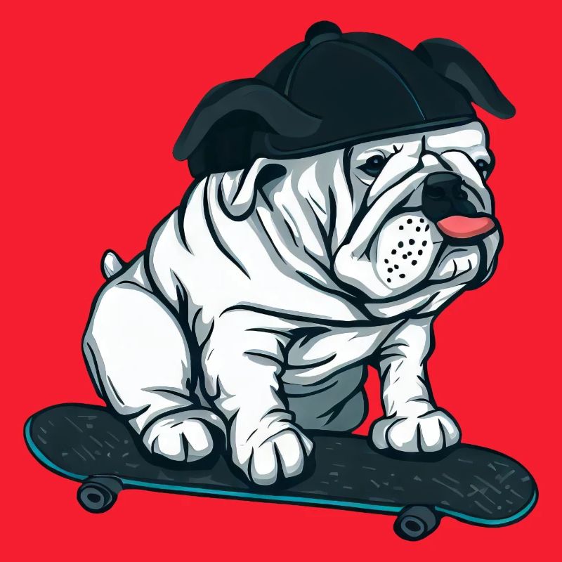 Mops auf Skateboard mit Basecap