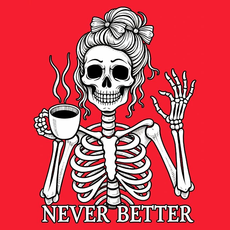 Funny skeleton drinking coffee