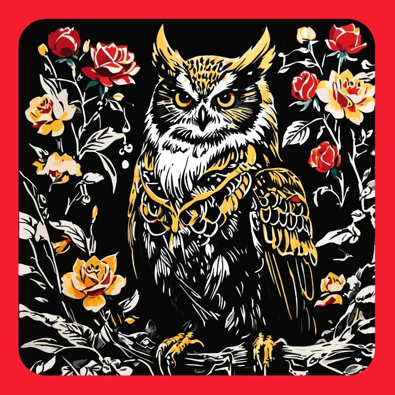 Eule mit Rosenblüten Ranken in Holzschnittoptik