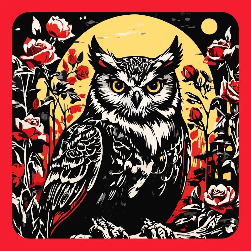 Eule mit Rosenblüten Ranken in Holzschnittoptik